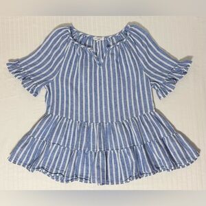 BEACH LUNCH LOUNGE Akia Linen-Blend Striped Top Ruffles Tiered Size S/P